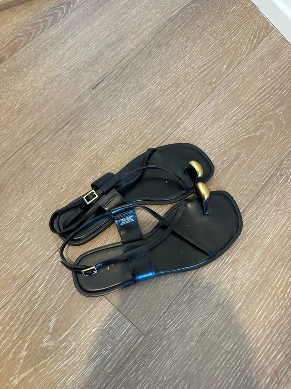 ZARA Black Leather T-Strap Sandals with Gold Accent